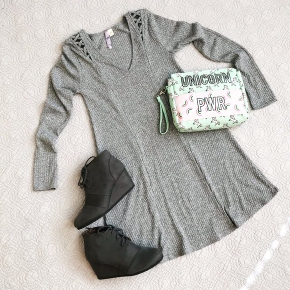 Long Sleeve Ribbed Heather Grey Dress